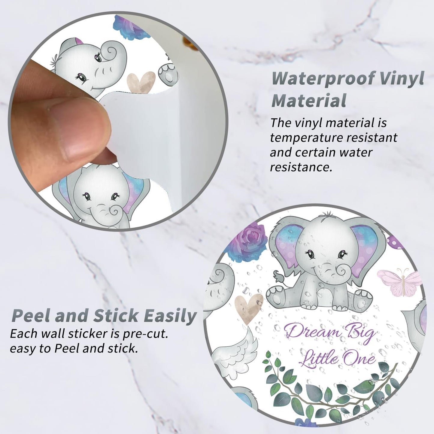 Wall Decals Stickers Dream Big Little One Elephant Wall Stickers Wall Murals Peel and Stick Removable Purple Rose Elephant Wall Decor for Baby Shower Room Nursery Boys Girls Bedroom Playroom Classroom