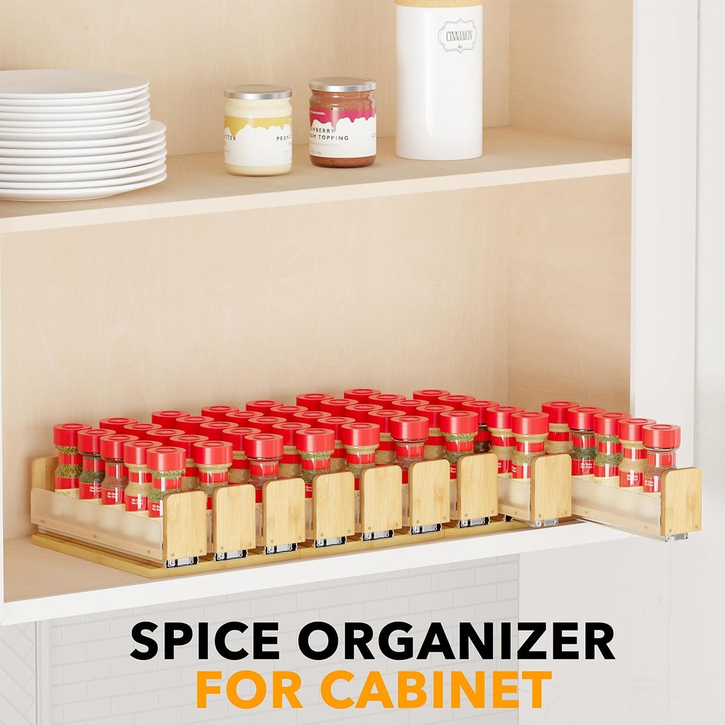 SpaceAid Bamboo Pull Out Spice Rack Organizer for Cabinet, Heavy Duty Slide Out Seasoning Kitchen Pantry Sliding Vertical Organization, 7.6" Wide, 3 Drawers(2" Wide), 1-Tier, Natural