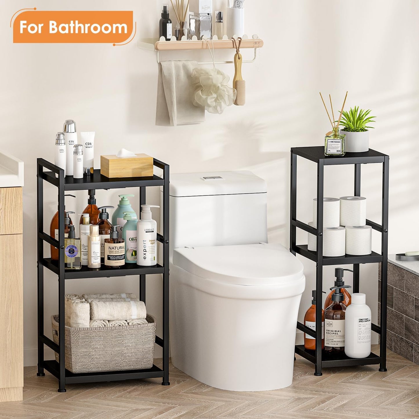 3-Tier Expandable Storage Shelves, 110LBS Heavy Duty Metal Shelving Unit, Adjustable Laundry Room Organization and Storage Shelf Rack,Ideal Narrow Bathroom Kitchen Laundry Room Organizer,Free-Standing