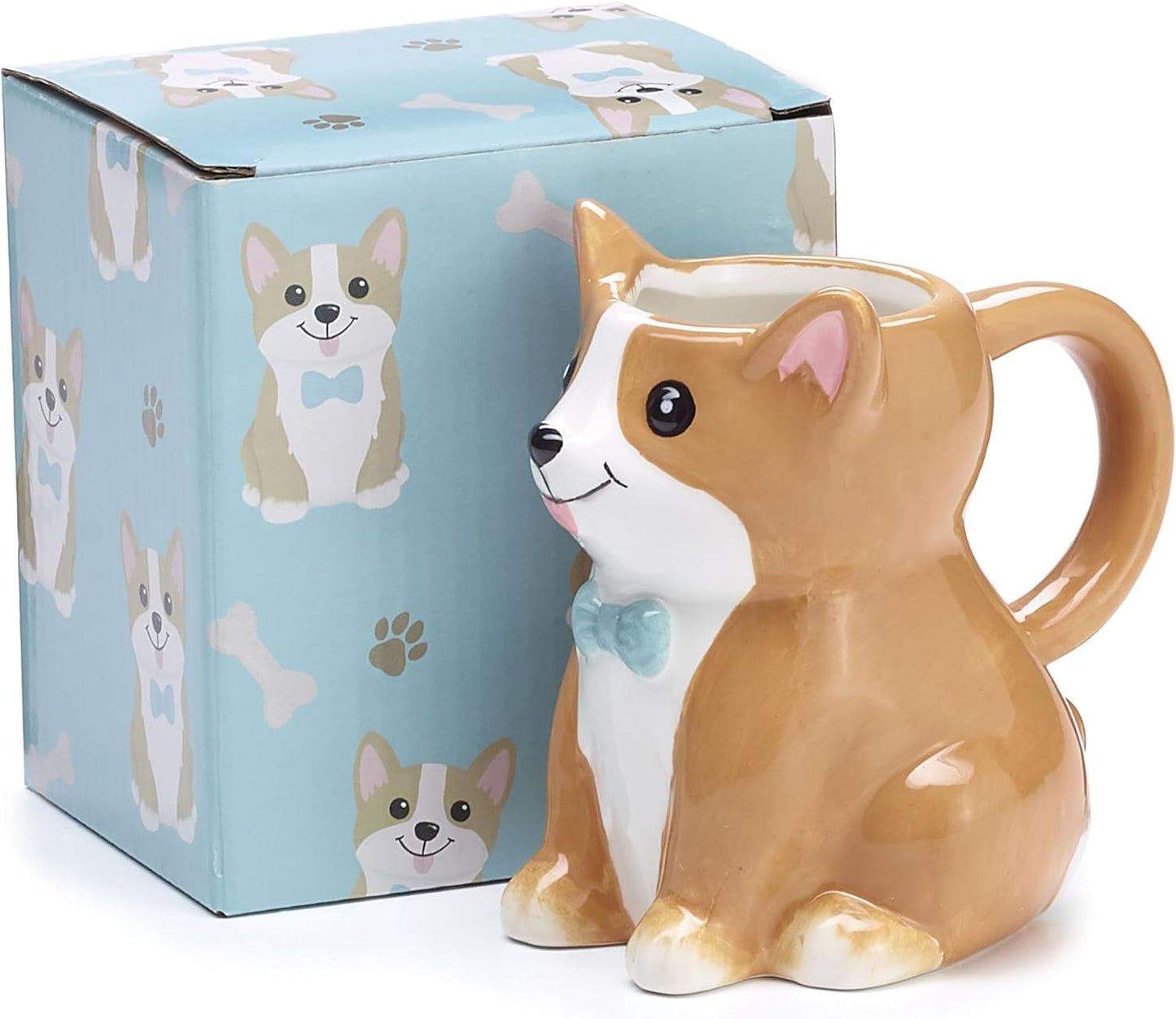 Burton Corgi Coffee Mug with Gift Box, Brown Porcelain Ceramic Cup with Handle, 10 oz Capacity