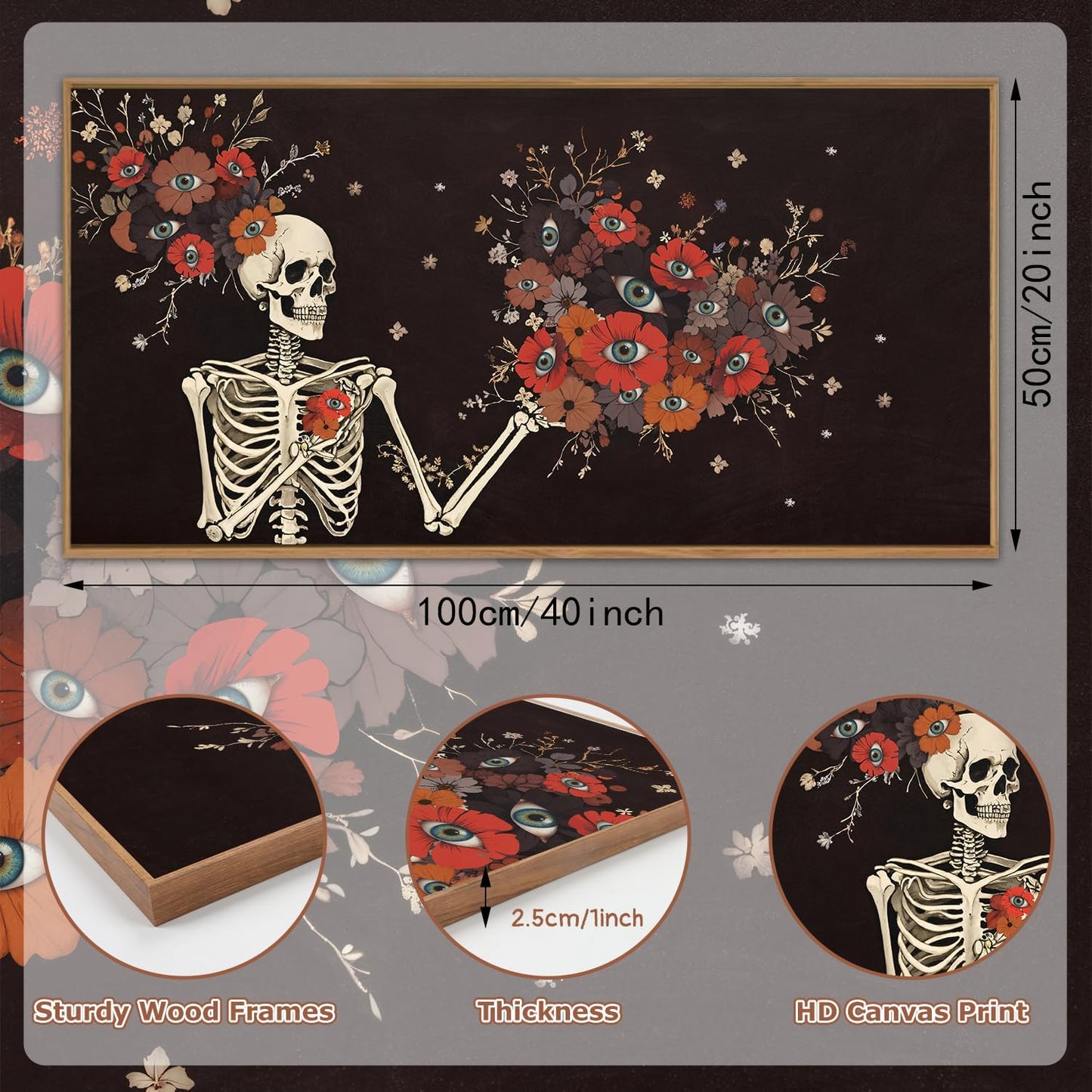 KAIRNE Halloween Skeleton Wall Art,Gothic Skull Canvas Set of 1(40”x20”),Romantic Spooky Floral Botanical Print,Scary Skull Painting,Horror Halloween Wall Art for Living Room Bedroom Goth Party Decor