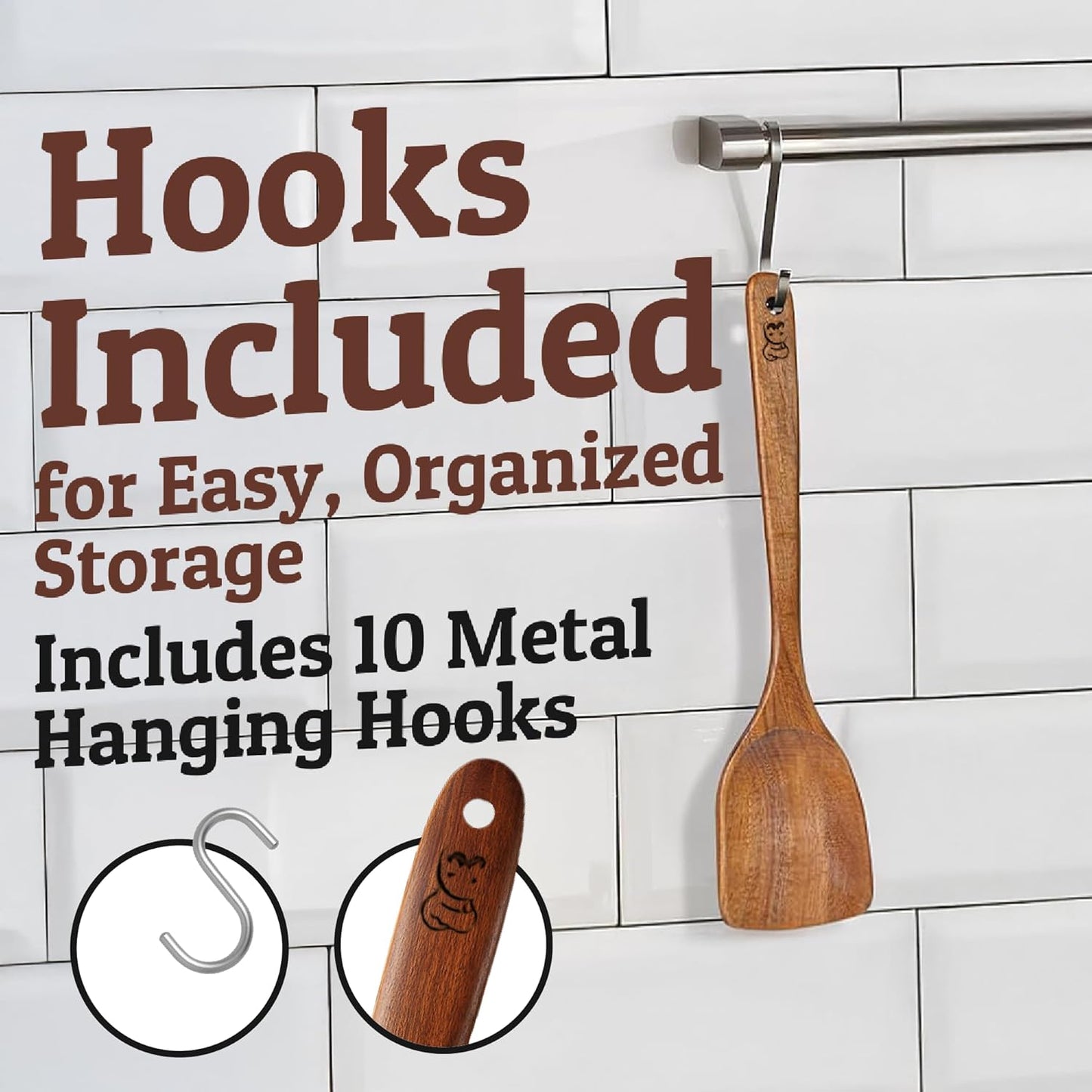 PriorityChef Premium Wooden Spoons for Cooking - 10pc with Spoon Rest and Hanging Hooks, Smooth Finish Teak Wooden Utensil Set, Heat-Resistant & Nonstick Safe, Ideal for Gifting