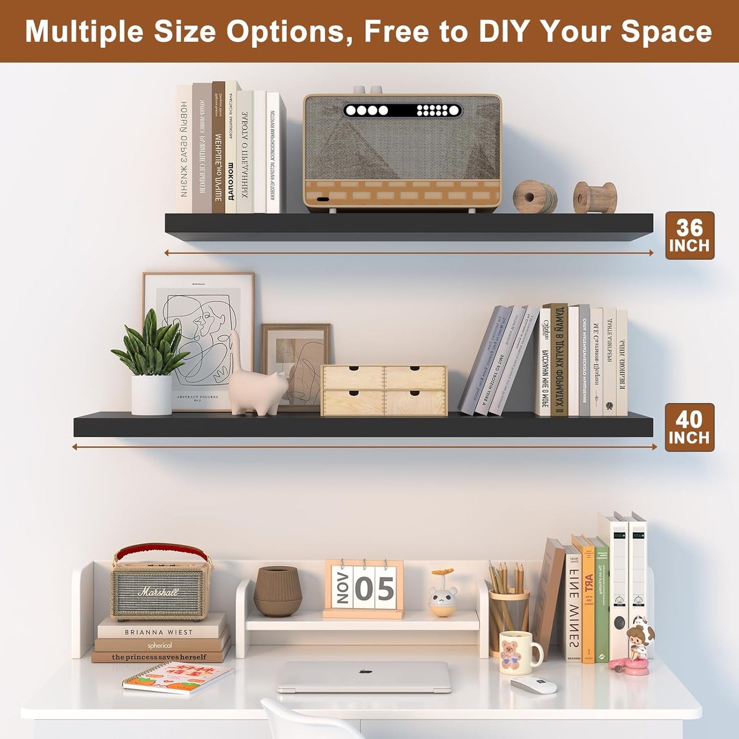 12 Inch Deep Floating Shelves for Wall 2 Pack Floating Shelves Large Storage Space Wall Mount Shelf for Living Room Kitchen Bathroom 30" W x 12" D x 1.2" H Black