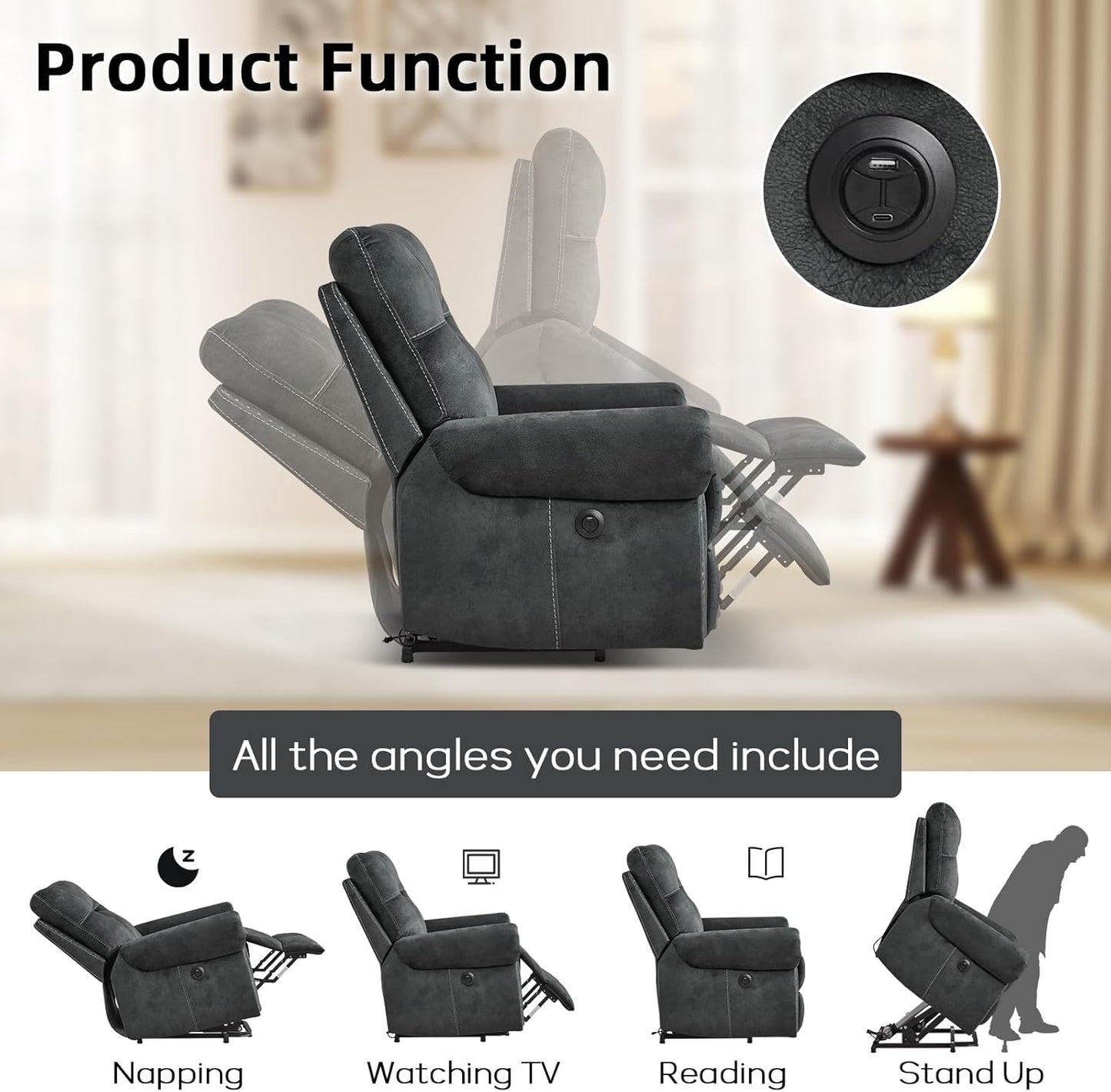 EBELLO 3 Pieces Reclining Couch Furniture Set for Living Room, Double 1 Seat Power Recliner Chair with Massage and Heat, a 3 Seater Manual Sofa, Vintage Rivet Mid-Century Design, Grey