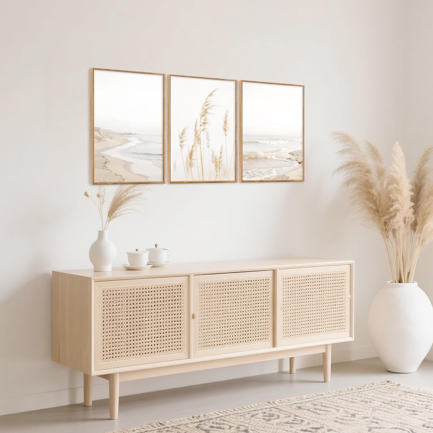 HPNIUB Modern Beach Artwork Seascape Wall Art, Seaside Framed Painting Reed Pathway Picture, Minimalist Neutral Coastal Landscape Wall Decor for Living Room,Bathroom -16'' x24'' x3