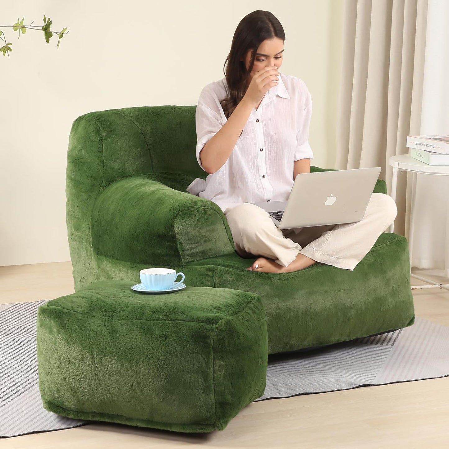 Comfy Gaint Bean Bag Chair with Ottoman, Huge Bean Bag Armchair for Adults and Teens, Green
