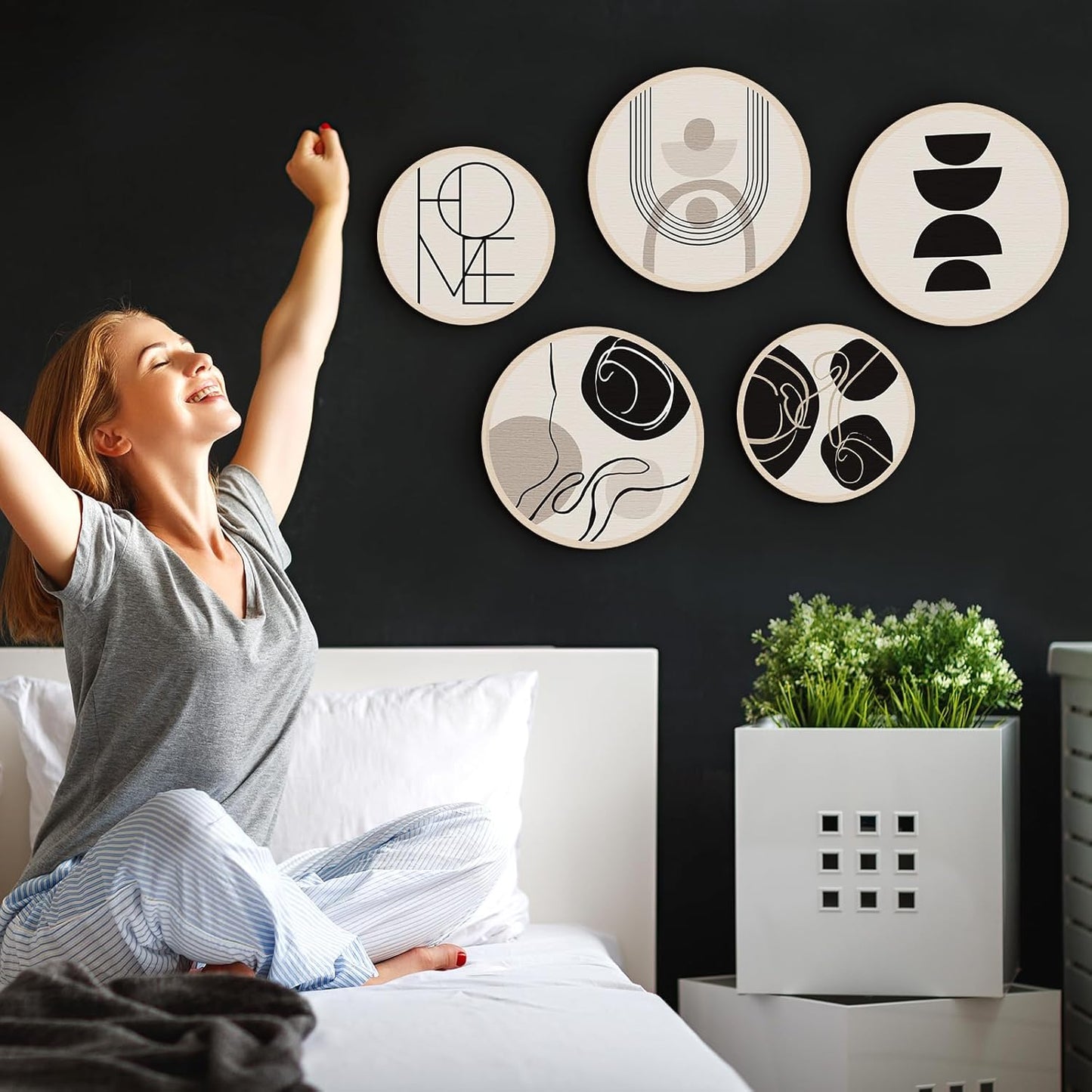 Qunclay 5 Pcs Wall Art Decor Wooden Living Room Wall Decor Bohemian Hanging Farmhouse Geometric 10'' and 8'' Aesthetic Wood Minimalist Posters for Bedroom(Classic)