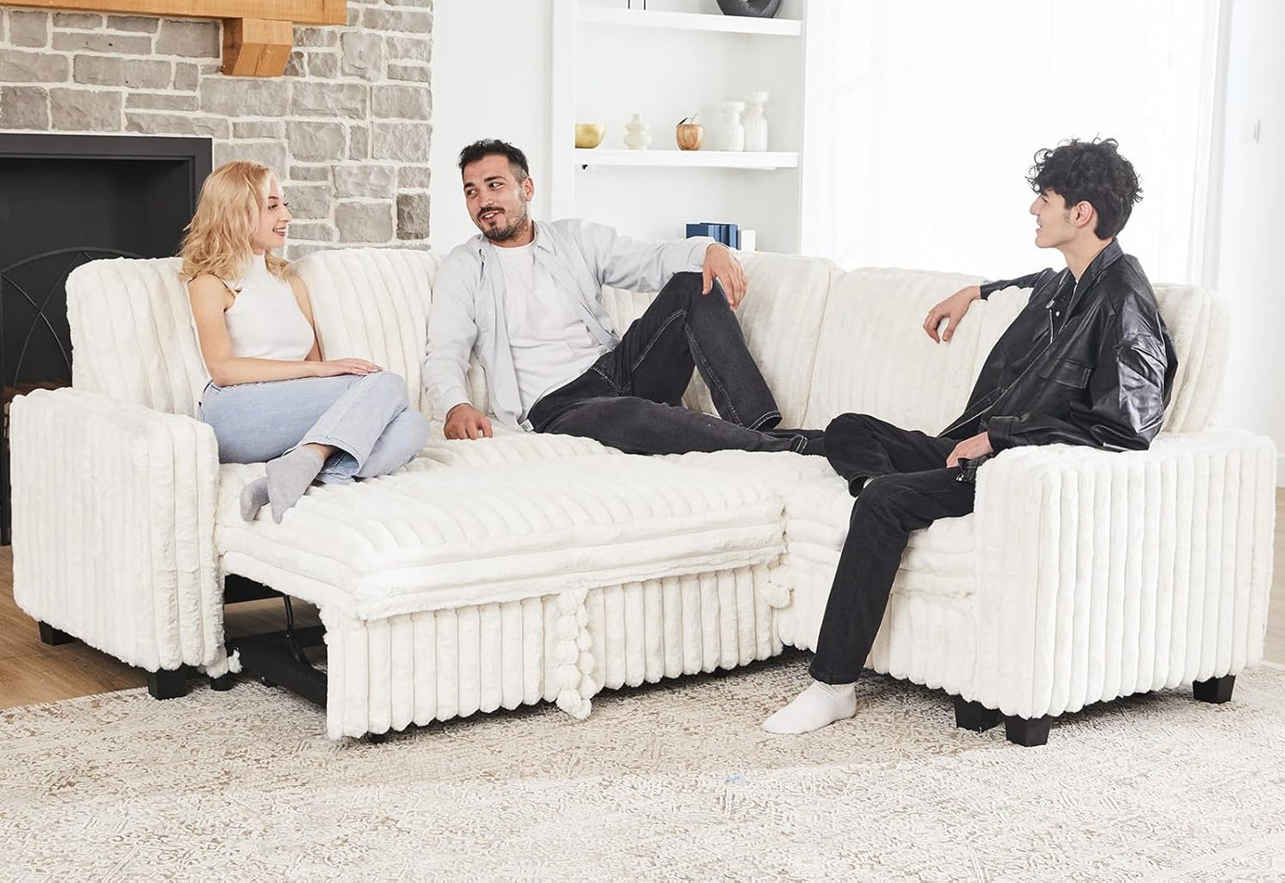 Belffin Plush Corduroy Modular Sectional Sofa with Pull Out Bed Convertible Small Sectional Corner Couch for Living Room White Couch