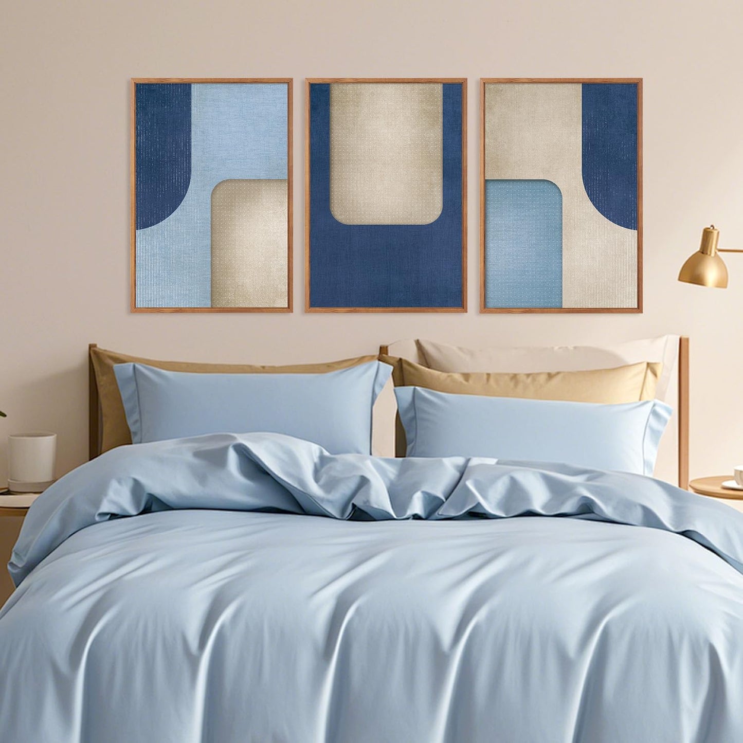 KAIRNE Blue Modern Abstract Canvas Wall Art,Neutral Prints Set of 3(16”X24”),Simple Design Wall Decor,Boho Minimalist Paintings,Blue and White Geometry Pictures for Living Room Bedroom Office Decor