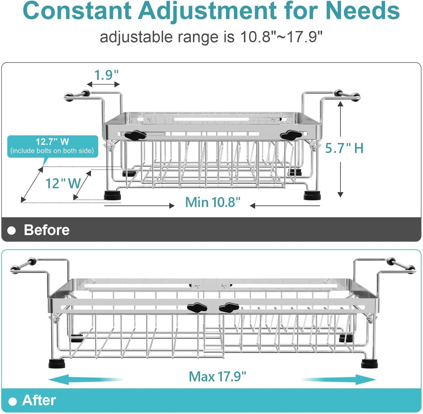 GSlife Stainless Steel Dish Drying Rack - Capacity Expandable in Sink Dish Drainer with Silicone Mat, Over Sink Dish Rack with Utensil Holder for Kitchen Counter, Large Capacity, Silver