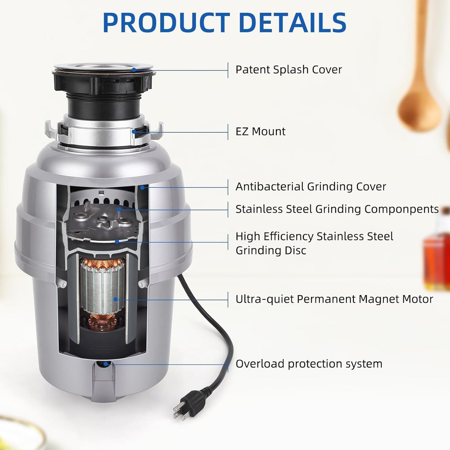 Powerful 1HP Stainless Steel Garbage Disposer, Dishwasher-Friendly and Continuous Feeding Waste Disposer, Grinding Material Four-Stage Grinding, Silver