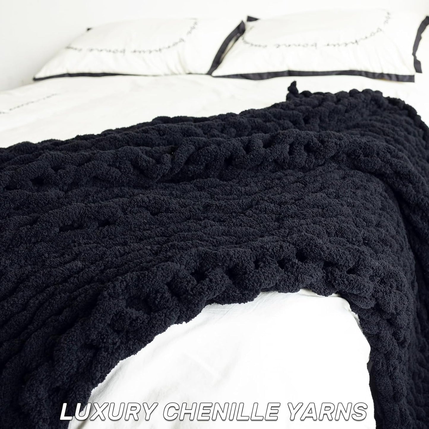 Chunky Knit Blanket - Luxury Soft Cozy Extra Large Size (80 * 90) Throw Blanket,100% Woven Blanket Rope Knot Throw Blanket for Couch, Sofa, Home Decor, Gift - Machine Washable(Black)