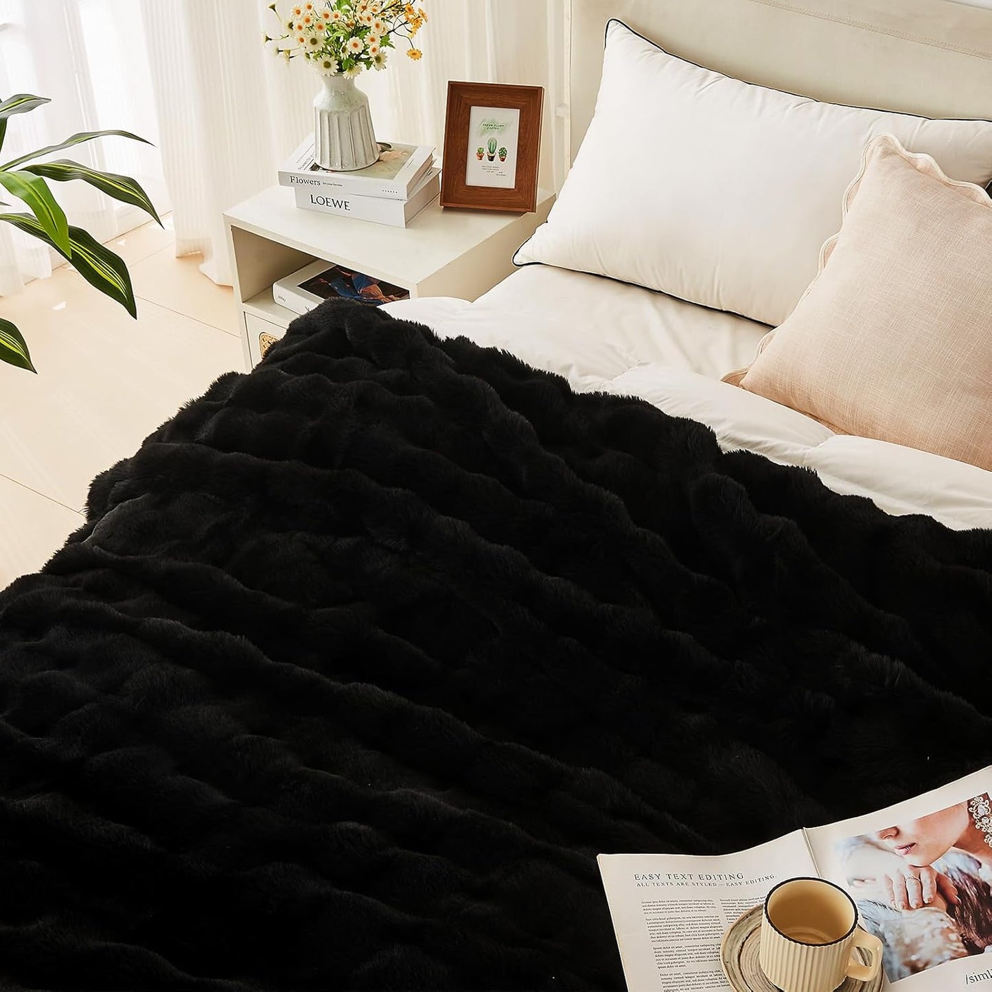 Lotus Karen Faux Fur Blanket - Black Twin Size, Big Bubble Rabbit Fluff, 60x80 Inches