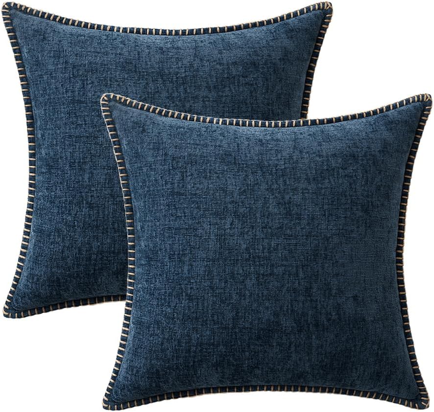 MIULEE Pack of 2 Couch Throw Pillow Covers 18x18 Inch Coastal Navy Blue Farmhouse Decorative Pillow Covers with Stitched Edge Soft Chenille Solid Dyed Spring Pillow Covers for Sofa Bed Living Room