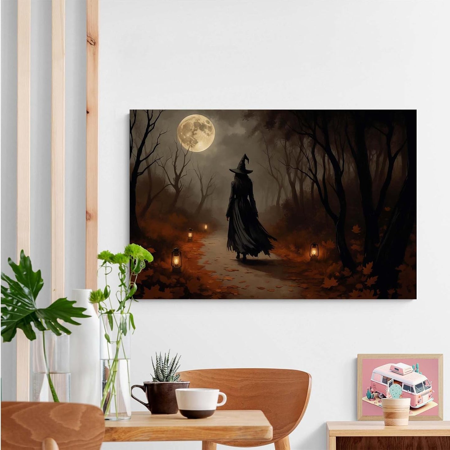 Moonlight witch poster dim lantern Halloween decoration Gothic style dark retro college style canvas wall art suitable for living room bedroom20x30in Wood Framed