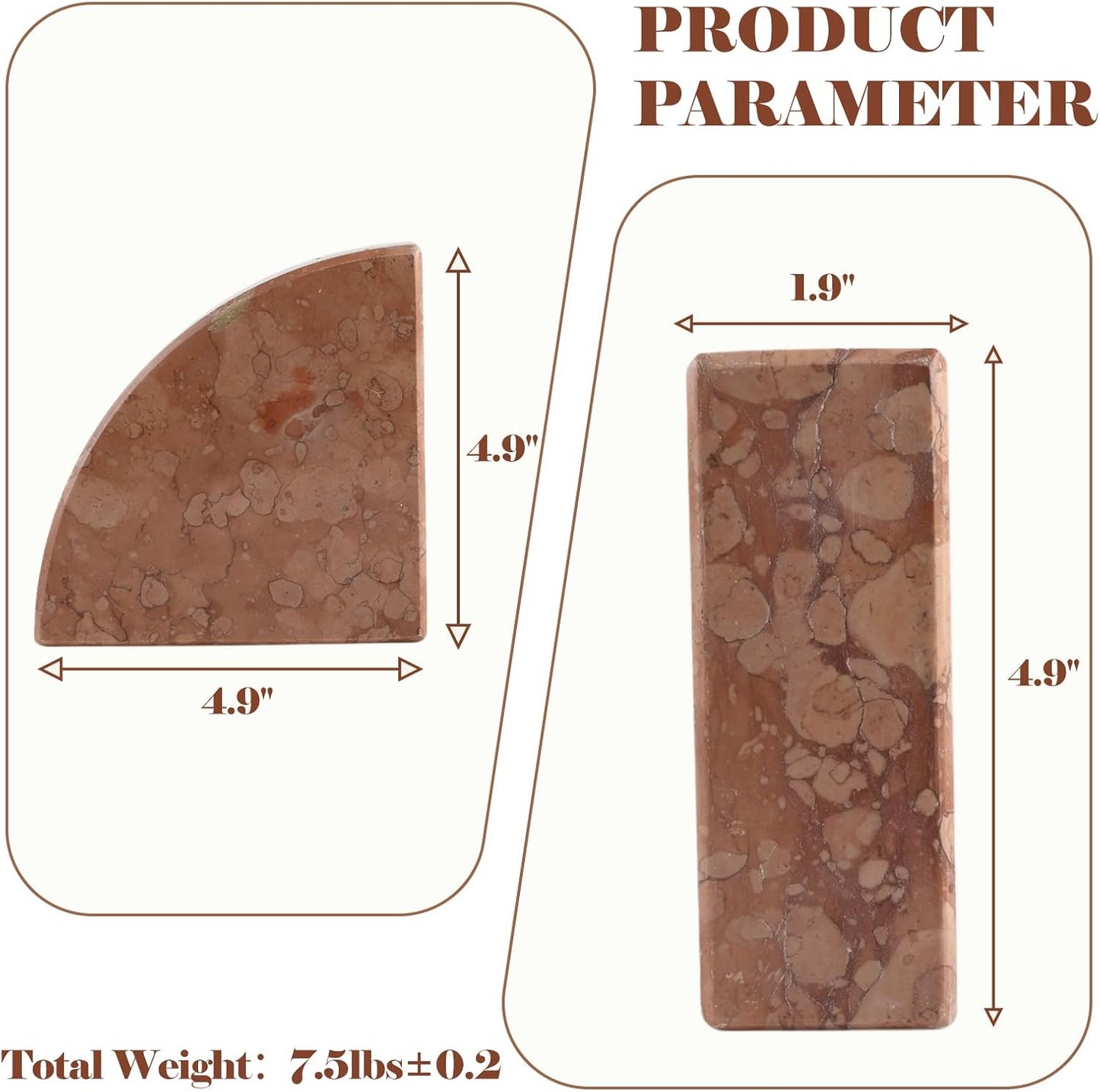 Marble Bookend for Shelves, Non-Skid Bookends for Heavy Books, Heavy Duty Book Stopper for CDs, Luxury Book Shelf Holder, Quarter Circle Design Book Ends Decorative, Perlino Rosato, Set of 2