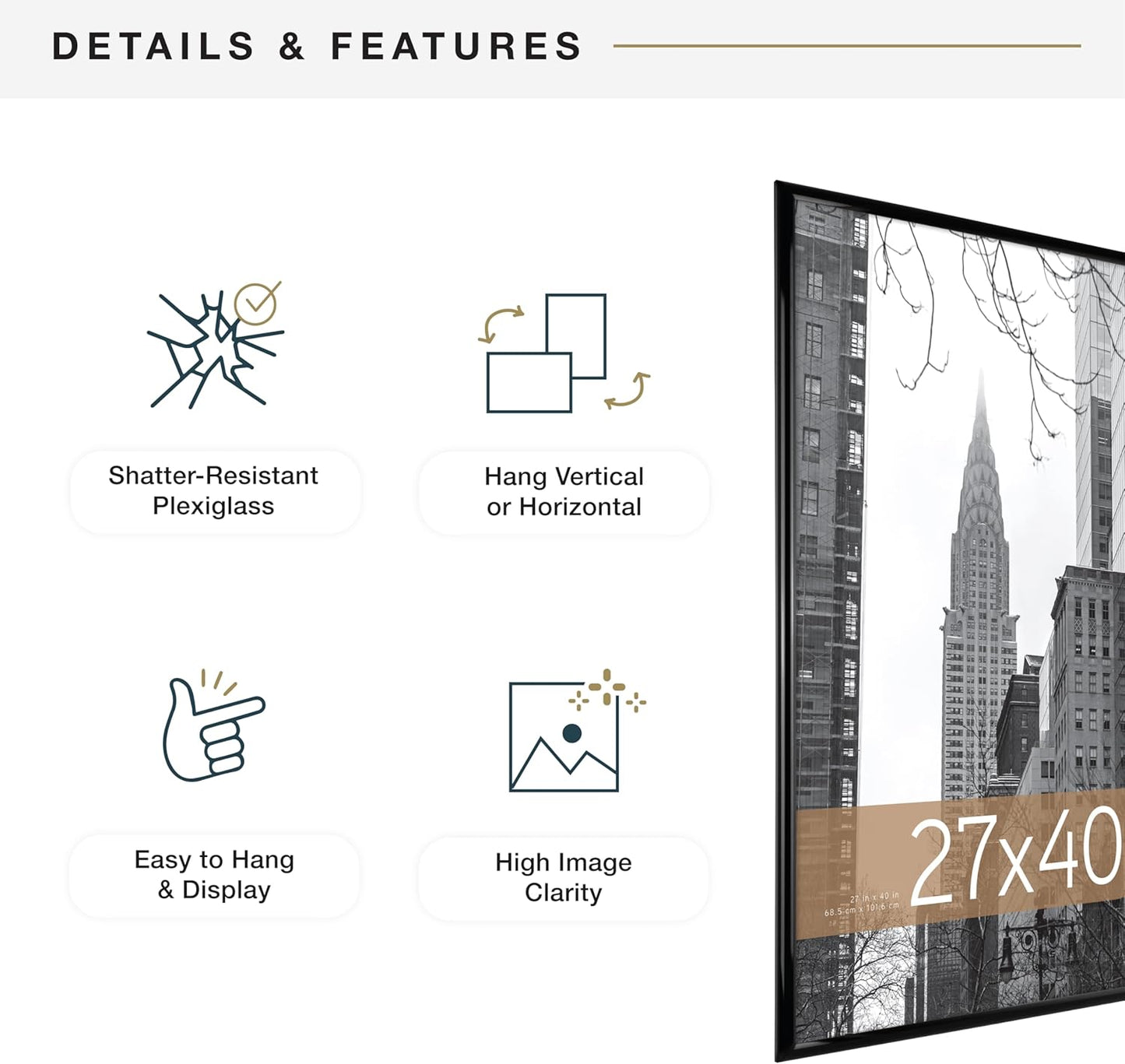 MCS Trendsetter Movie Poster Frame 27x40 Black High-Gloss, Vertical & Horizontal Wall Hanging Large Picture Frame for Photos, Artwork & Custom Posters (2-Pack)