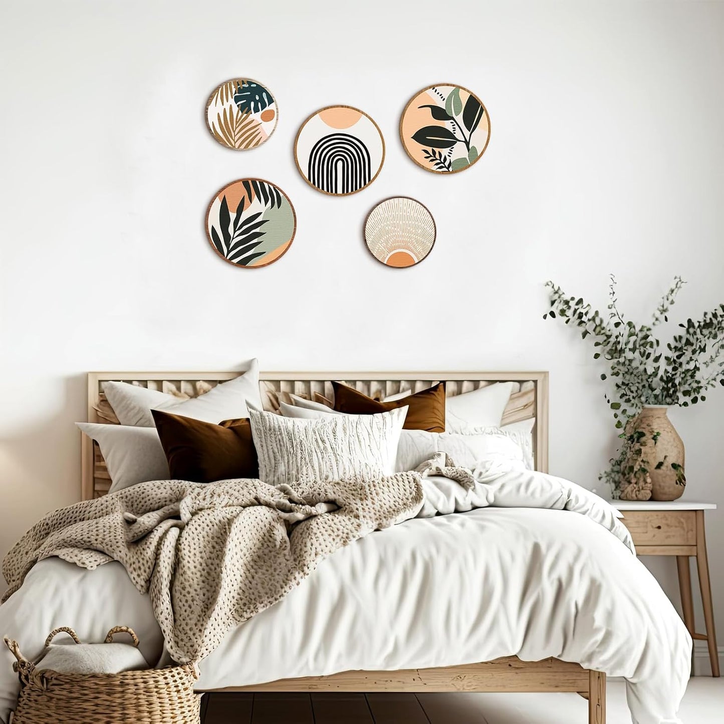 Qunclay 5 Pcs Wall Art Decor Wooden Living Room Wall Decor Bohemian Hanging Farmhouse Geometric 10'' and 8'' Aesthetic Wood Minimalist Posters for Bedroom(Boho, Leaf)