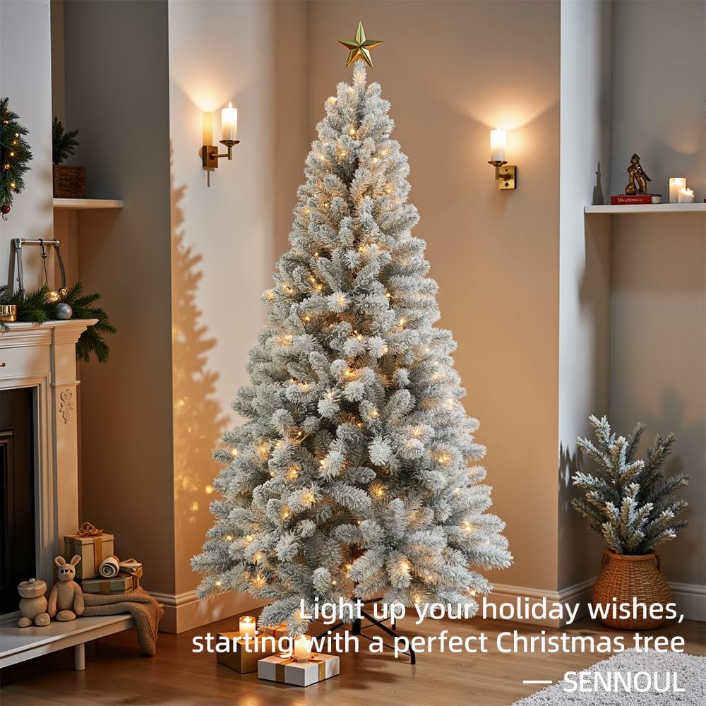 Prelit Christmas Tree With Lights 7.5ft,Premium Snow Flocked Artificial Xmas Tree, With 1364 Branch Tips and 550 Warm Lightsm,Support Automatique,Perfect Choice for Christmas Decorations,White