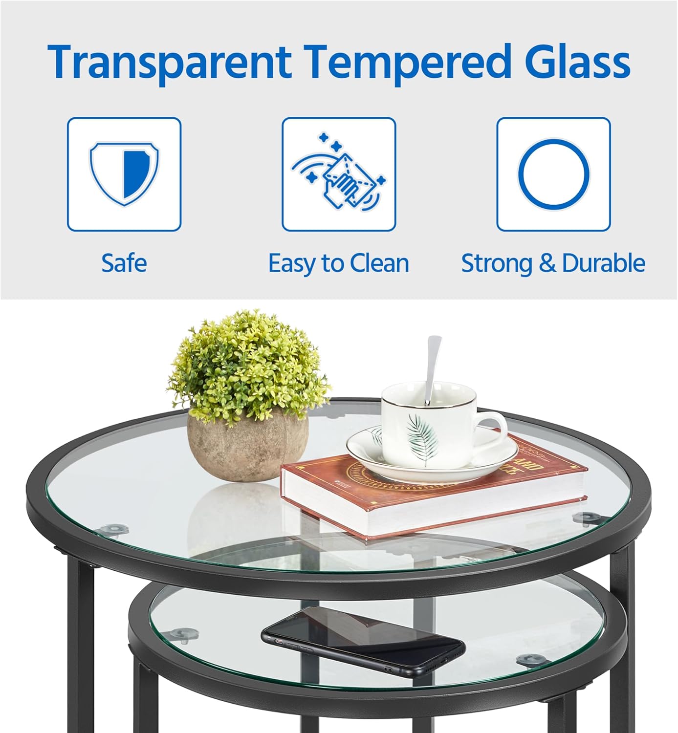 Yaheetech Round Nesting End Table Set of 2,Stacking Side Tables,Coffee Tables Set w/Metal Frame & Glass Top & Protective Foot Pads for Small Space, Living Room, Office- Black