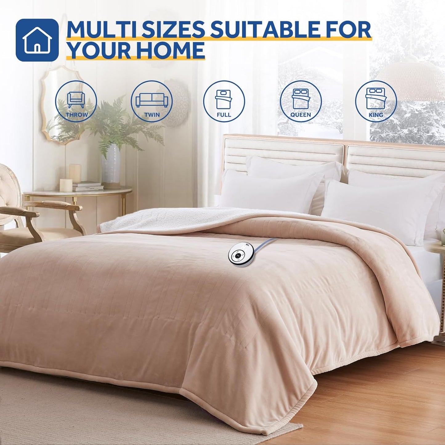 Sealy Electric Blanket Full Size 80"*84",Super Cozy Flannel to Sherpa Reversible Heated Blanket Full Size with 10 Heating Levels & 1-12 Hours Auto Off Overheating Protection Machine Washable, Beige