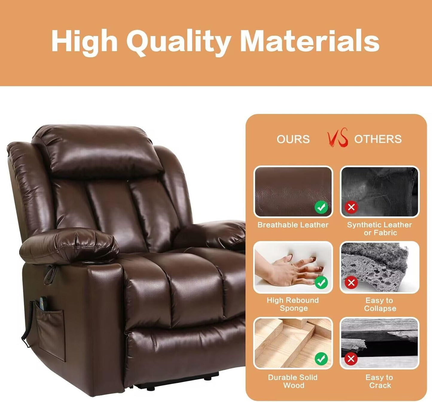 Power Lift Recliner Chair for Elderly Breathable Leather Recliner Chair with Massage and Heat for People Limited Mobility,2 Cup Holders,Electric Stand Assist,USB Ports,Gifts for Family (Brown)