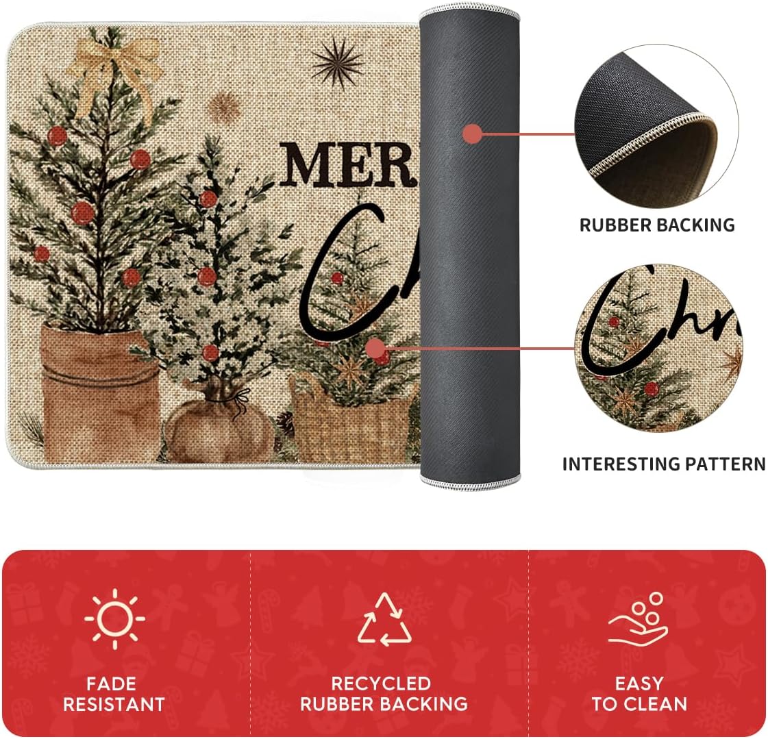Artoid Mode Holly Ornament Merry Christmas Kitchen Mats Set of 2, Winter Home Decor Low-Profile Kitchen Rugs for Floor - 17"x29"+17"x36"+17"x47"