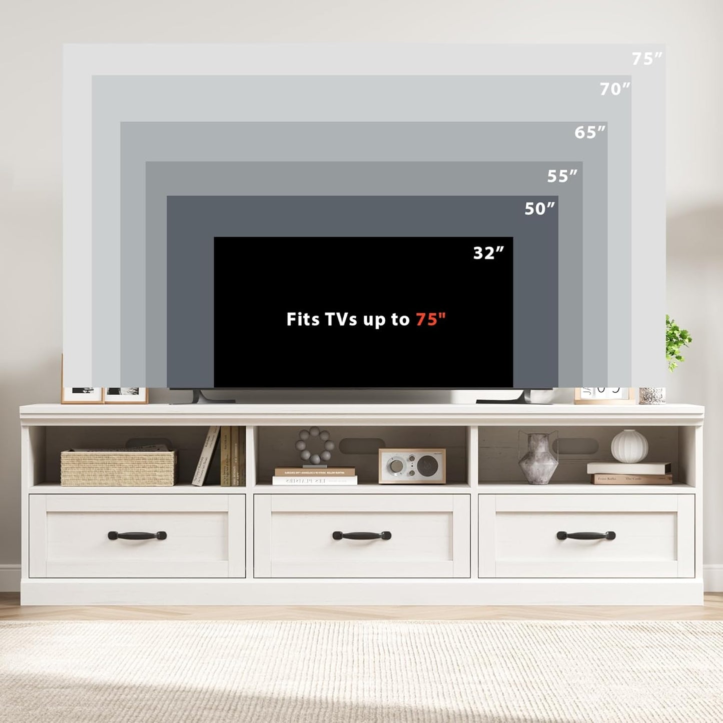 IDEALHOUSE 70in TV Stand for TVs up to 80", Mid Century Modern Entertainment Center with Storage Drawer and Open Shelves, TV Console Media Cabinet for Living Room, Bedroom, Antique White