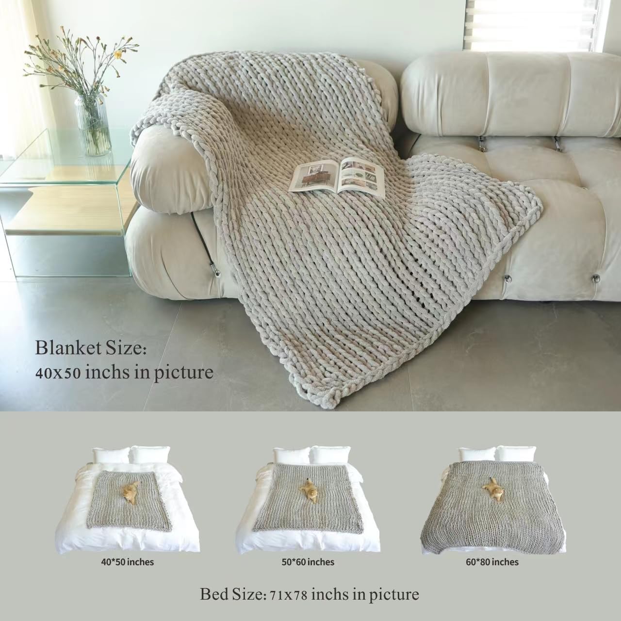 Maetoow Tighter Version Chenille Chunky Knit Blanket Throw (40×50 Inch), Handmade Warm & Cozy Blanket Couch, Bed, Home Decor, Soft Fleece Banket, Boho Thick Blankets and Giant Yarn Throws,Beige