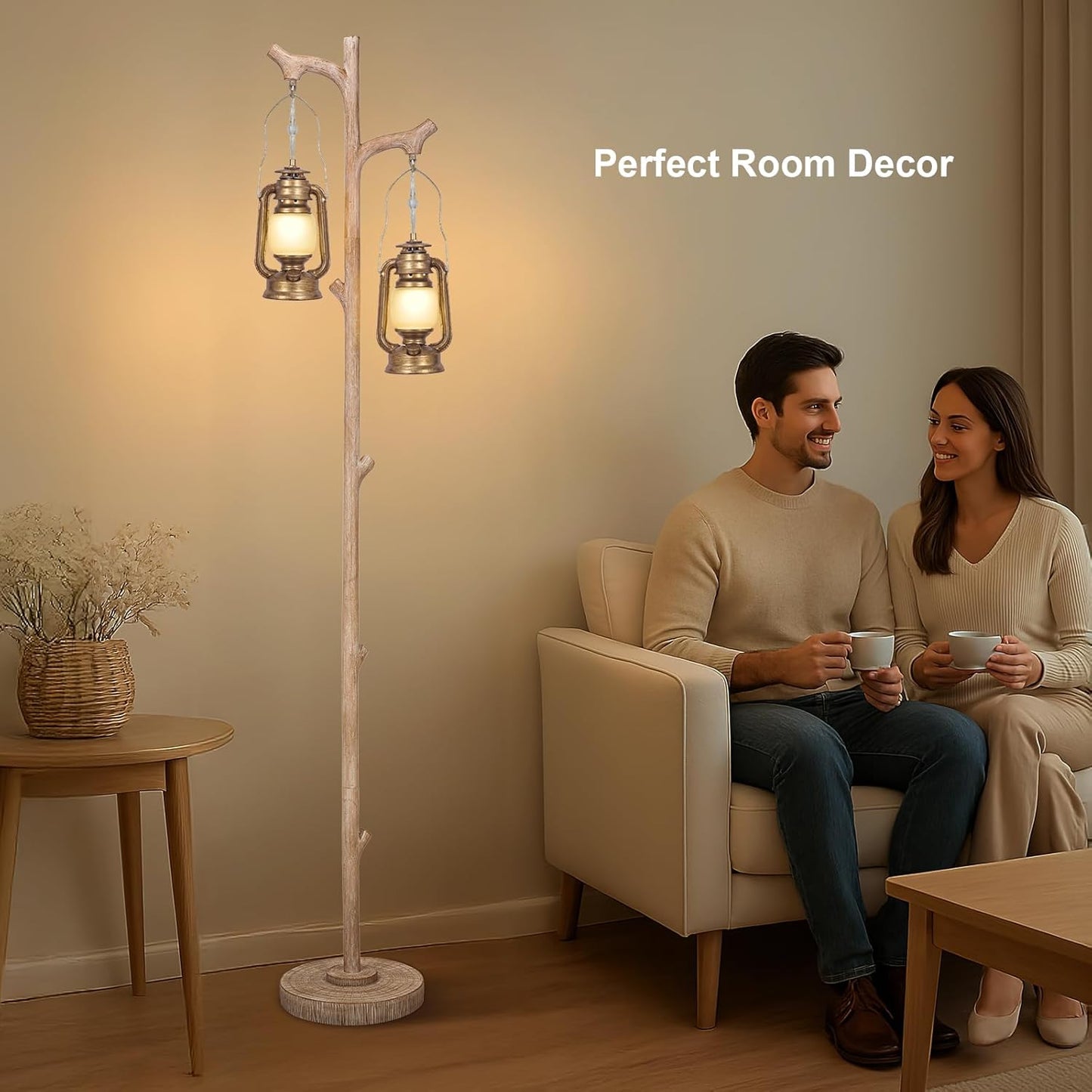 Scenekoy Vintage 68” Tall Floor Lamp with Lanterns, Retro Standing Lamp Tree Trunk Finish & Resin Body, Rustic Dimmable Corner Lamp Stand Up Light with Bulb Prefer for Living Room Bedroom Home Decor