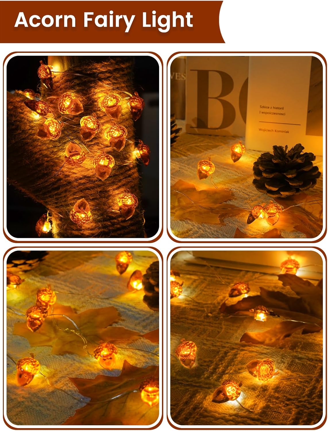 2 Pack 60LED Fall Decoration Acorn String Light Battery Operated, 20FT Fall Lights with Remote, Waterproof 8 Modes Fairy Lights for Autumn Harvest Thanksgiving Halloween Decor