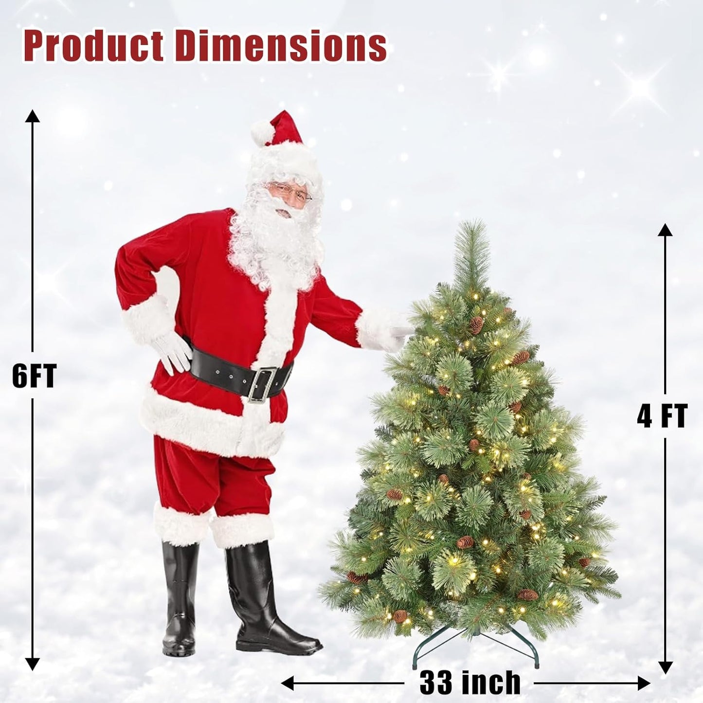 Kadunmina 4ft Prelit Christmas Tree, Artificial Carolina Pine Christmas Tree with 200 Warm White Lights, Pine Cones, 419 Branch Tips and Metal Stand for Home, Office, Holiday Party Decoration