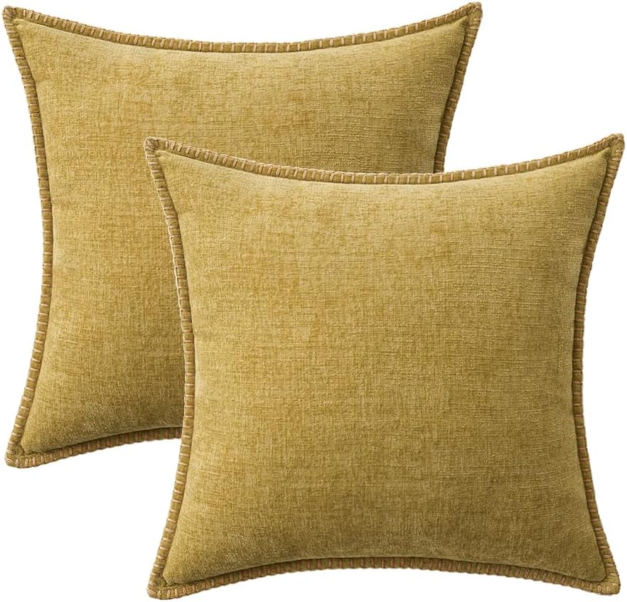 MIULEE Pack of 2 Couch Throw Pillow Covers 18x18 Inch Mustard Yellow Farmhouse Decorative Pillow Covers with Stitched Edge Soft Chenille Solid Dyed Fall Pillow Covers for Sofa Bed Living Room