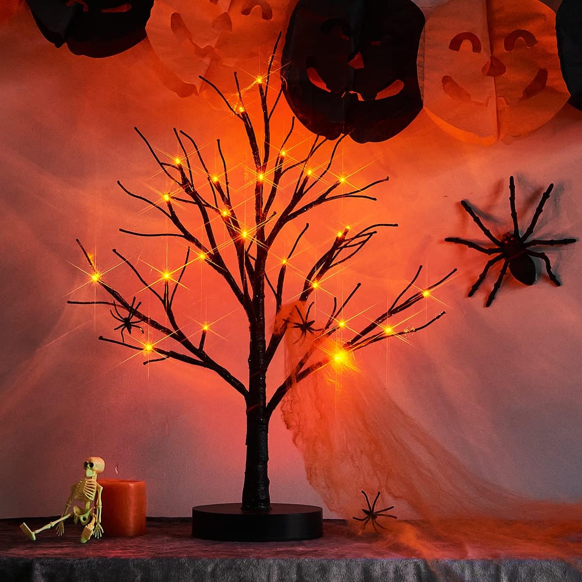 Fudios Black Halloween Tree with Lights 24 LED Orange with Timer, Lighted Tabletop Glittered Spooky Tree Artificial 18in for Witch Home Decor Battery Operated or USB Plug