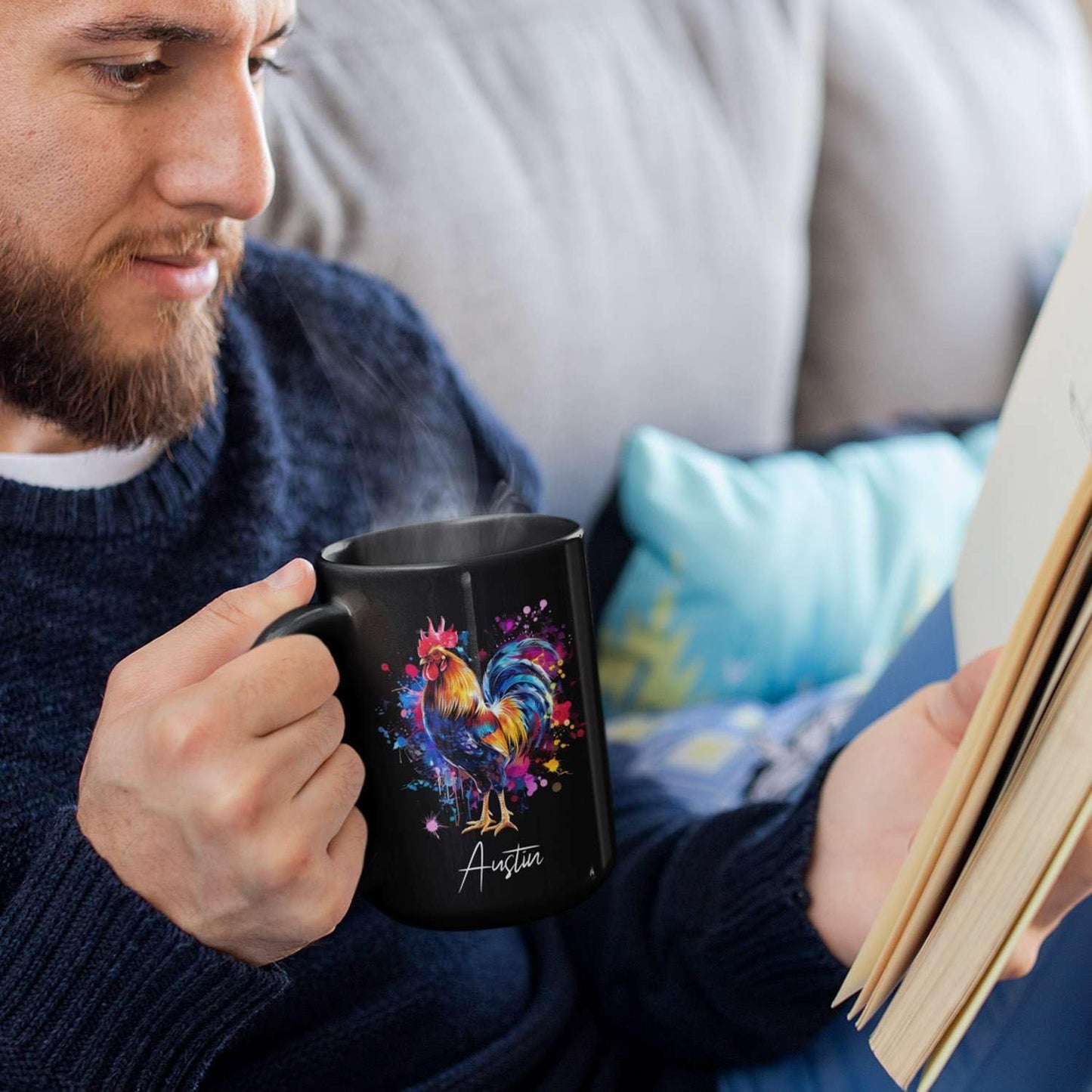 Customized Name Rooster Coffee Mug - Gift for Men Women, Personalized Black Cup, Unique Chicken Ceramic 11oz 15oz, Funny Colorful Themed