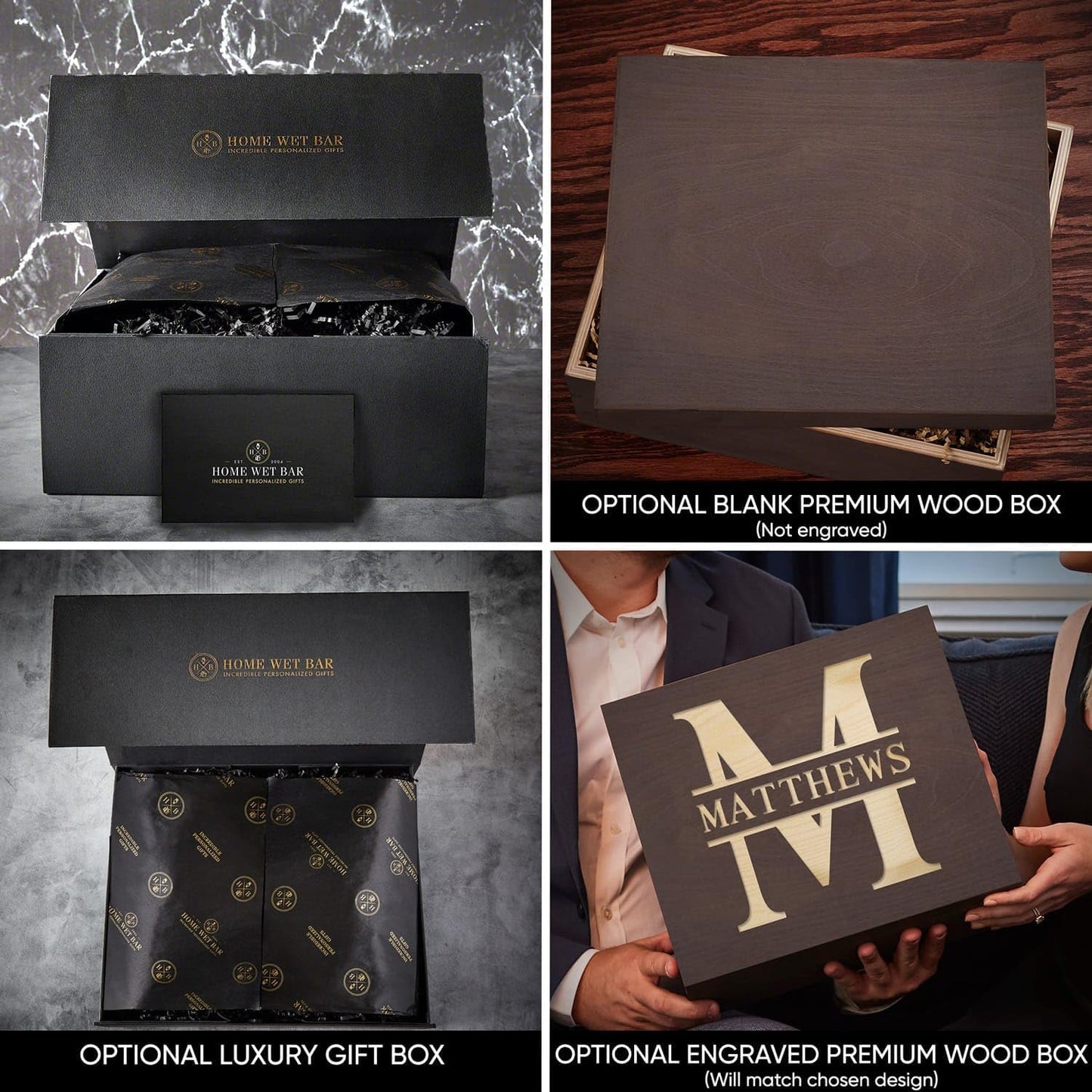 Personalized Whiskey Decanter Set with 4 Glasses and Custom Wood Box - 9 Design Options - Bourbon Glass Set