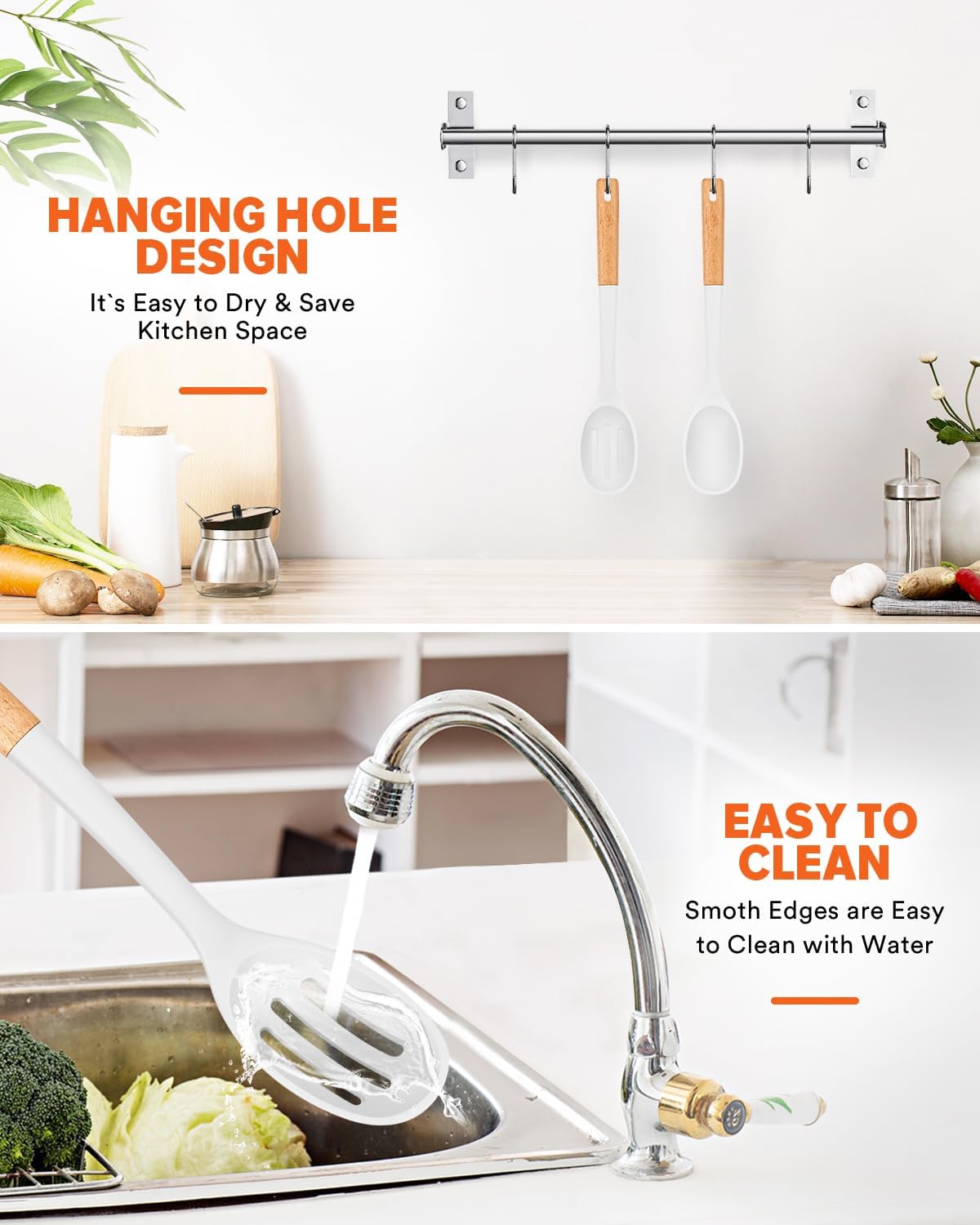 Silicone Cooking Spoons, Great for Scooping Sides and Serving Hearty Stews, BPA-Free Matte Silicone, Wooden Handle Serving Spoon for Nonstick Cooking Surfaces (White)