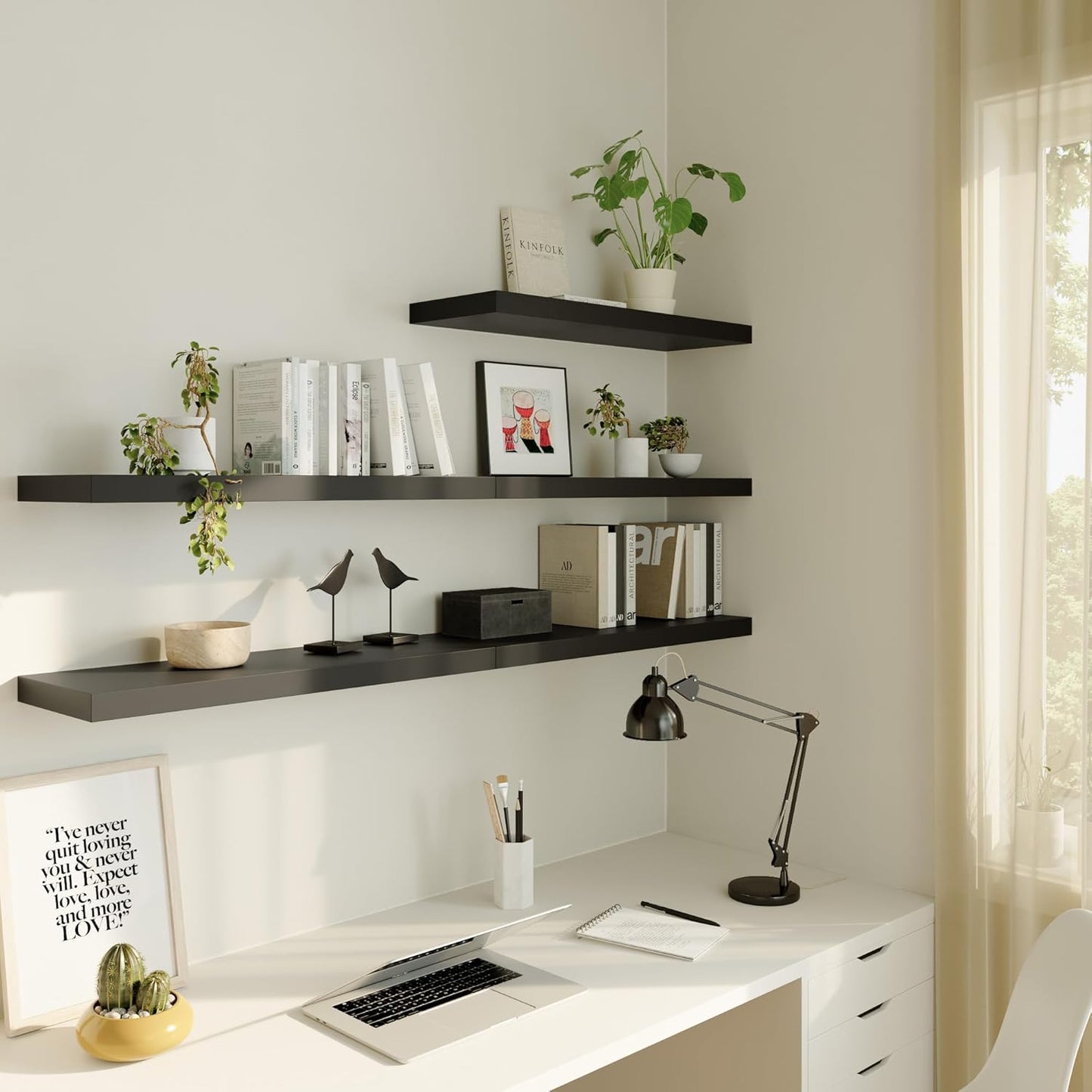 Large Floating Shelves for Wall Set of 3 Wooden Wall Shelves 30 in x 12.75 in x 2 in Room Decor Long Shelf with Invisible Wall Mount Bracket for Bedroom Kitchen Living Room Black