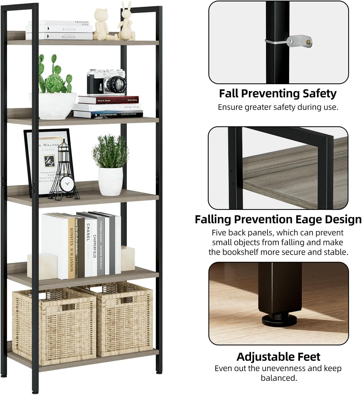 NUMENN Bookshelf, 5 Tier Bookshelves, Home Office Bookcase Shelf Storage Organizer, Free Standing Storage Shelving Unit for Bedroom, Living Room and Home Office, Grey