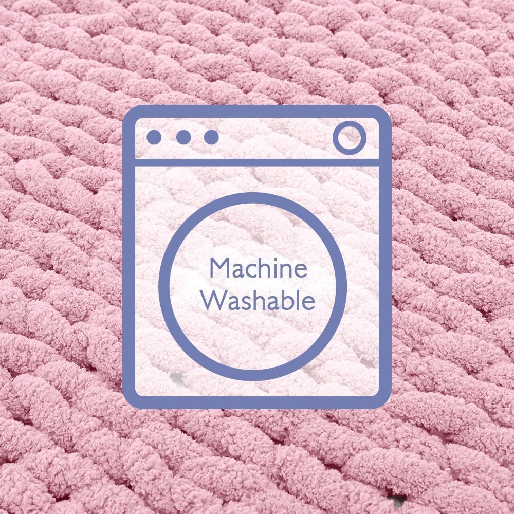 Bigacogo Chunky Knit Throw Blanket for Couch, 40x60 inches, 100% Hand Knitted with Thick Jumbo Chenille Yarn, Cozy Soft Large Rope Knot Cable Crochet Blankets for Sofa Bed Living Room, Blush Pink