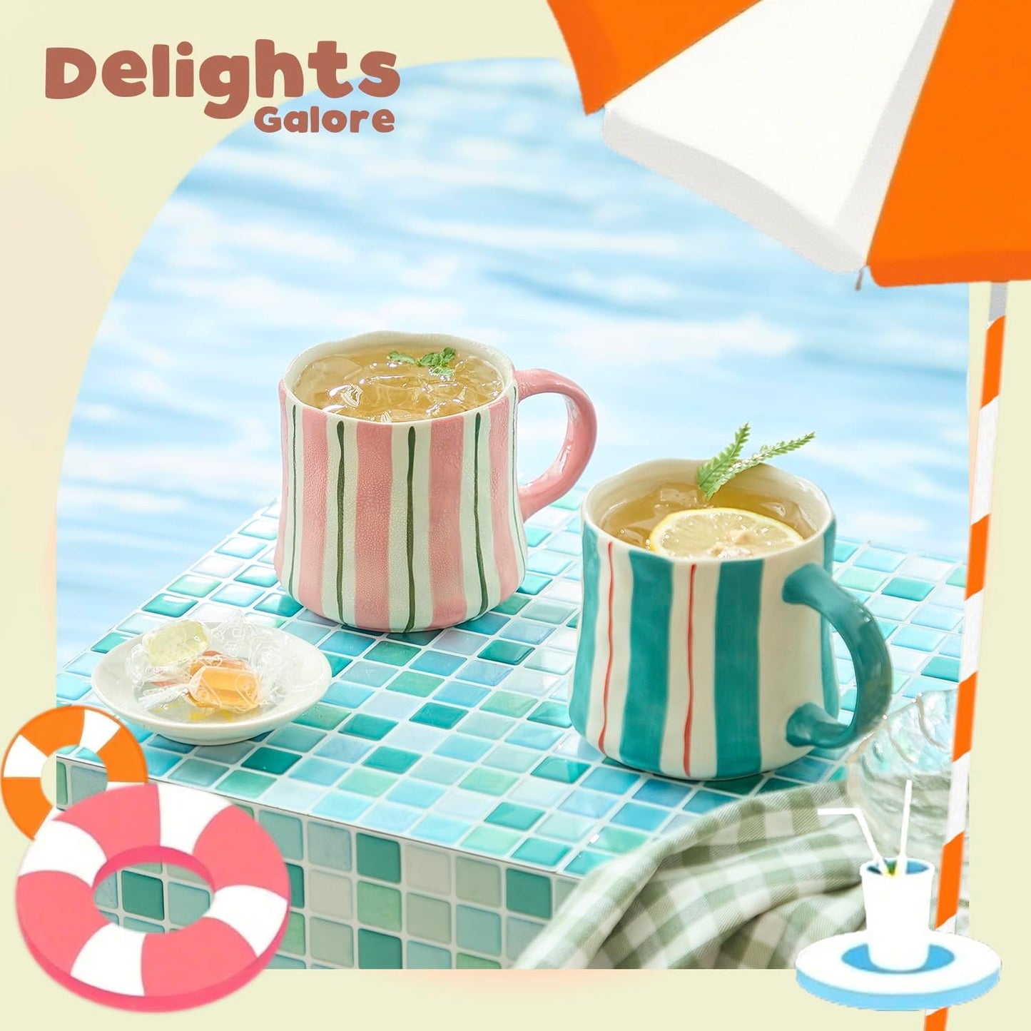 Striped Ceramic Coffee Mugs Set - 2 Pack, Pink & Green,Perfect for Morning Brew or Tea and Cocoa - for Coffee Lovers