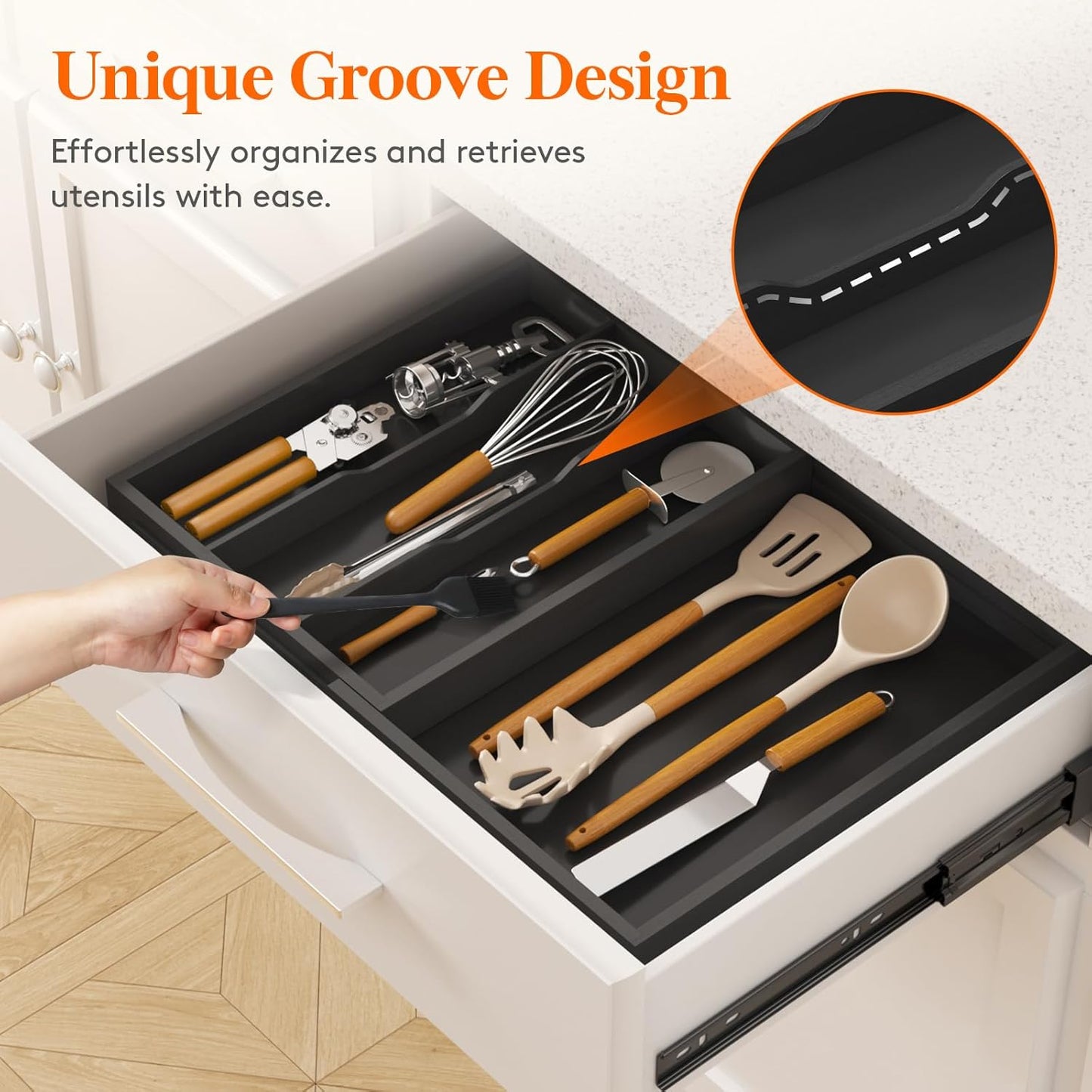 Lifewit Utensil Drawer Organizer, Expendable Cooking Silverware Tray for Kitchen Drawer, Bamboo Adjustable Cutlery Flatware Holder, Spatula Tools and Gadgets Storage Divider, 4 Compartments, Black