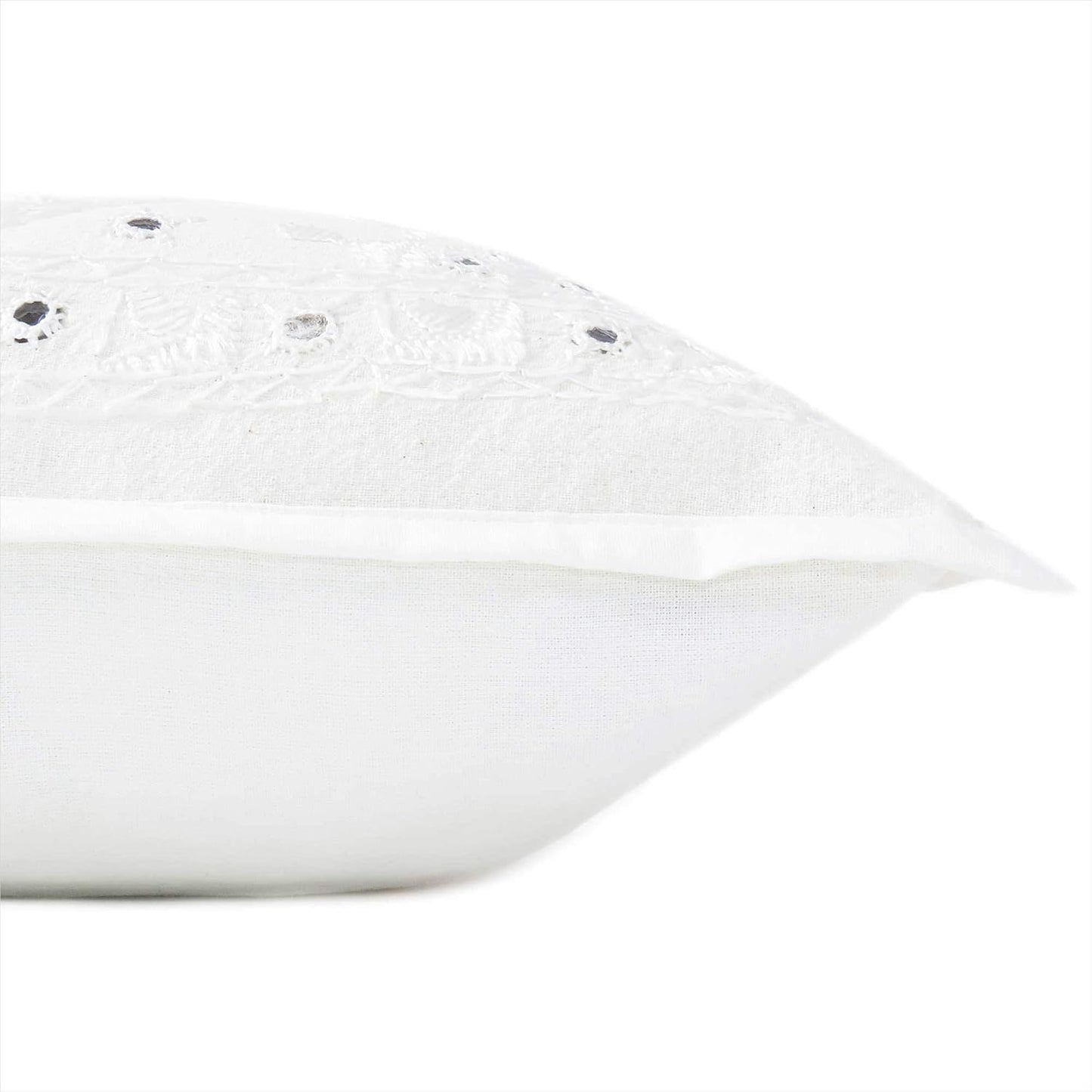 Eyes of India Embroidered Decorative Boho Throw Pillow Cover with Mirrors, Handmade Bohemian Accent Cushion Case for Sofa Couch Bedroom Living Room (White, 16" x 16")