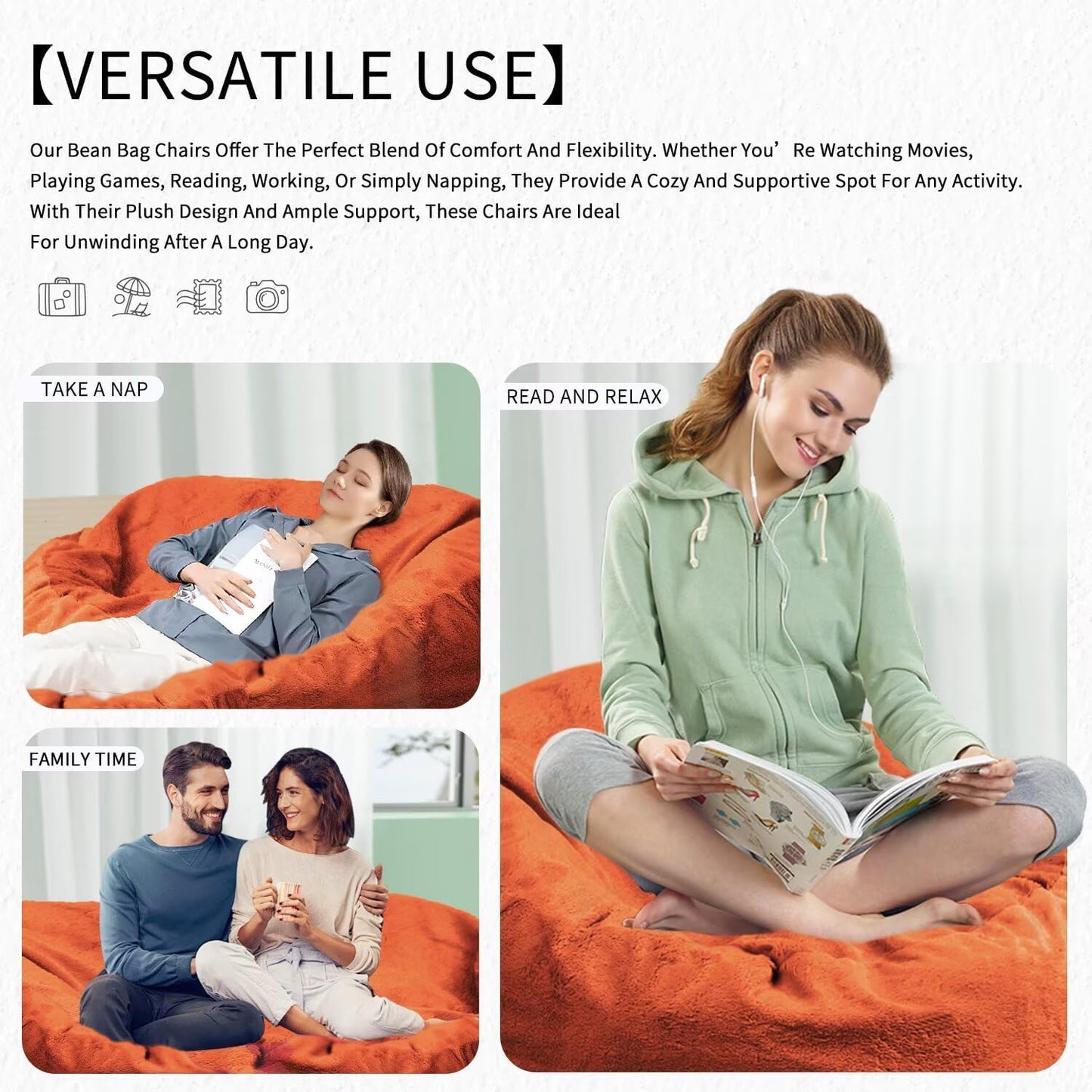 Bean Bag Chair for Adults 3FT,Soft Removable Cover for Teens/Girls Bedroom,Fluffy Giant Round Floor Beanbag Lounger Chairs (No Filler,Orange)