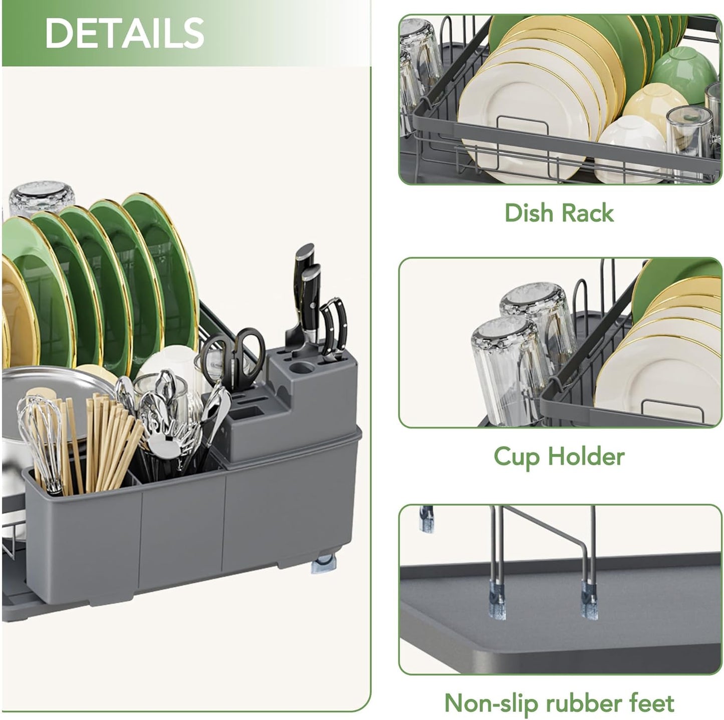 ROTTOGOON Expandable Dish Drying Rack,Multifunctional Adjustable Dish Drainer with Swivel Spout and Anti-Rust Dish Rack with Removable Cutlery & Cup Holders for Kitchen Counter,Dark Grey