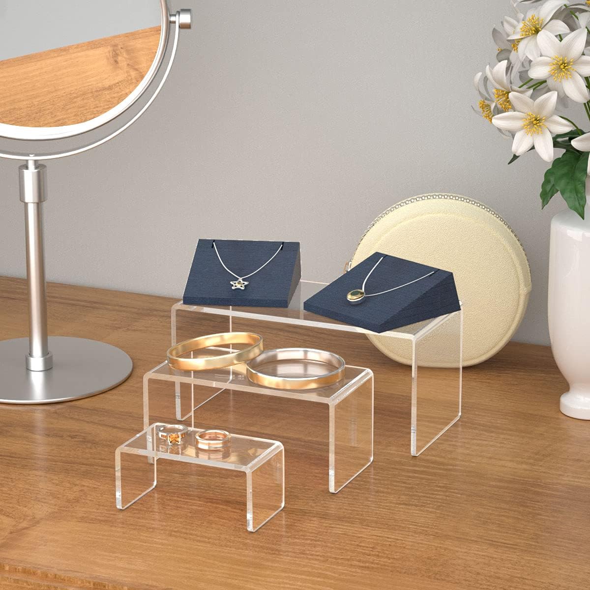 HIIMIEI Acrylic Risers for Display Clear 3-Tier Risers Stands Showcase for Amiibo Funko Pop Figures, Dessert, Jewelry-8.4"x 6.3"x 4.3" (2 Sets)