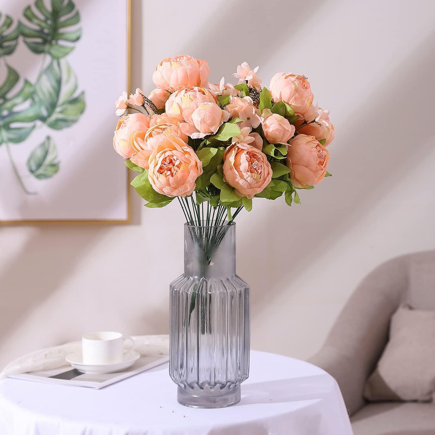 Duovlo Springs Flowers Artificial Silk Peony Bouquets Wedding Home Decoration,Pack of 1 (Spring Orange-Pink)