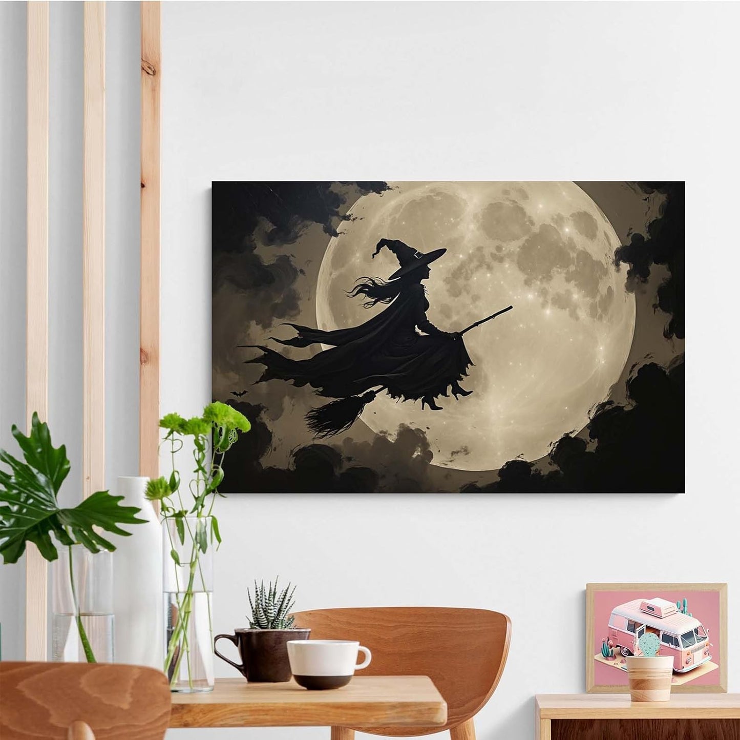 JFHCQJPK Full moon witch silhouette poster witch on magic broom Halloween mural poster decorative mural art suitable for home living room bedroom12x16in Frameless