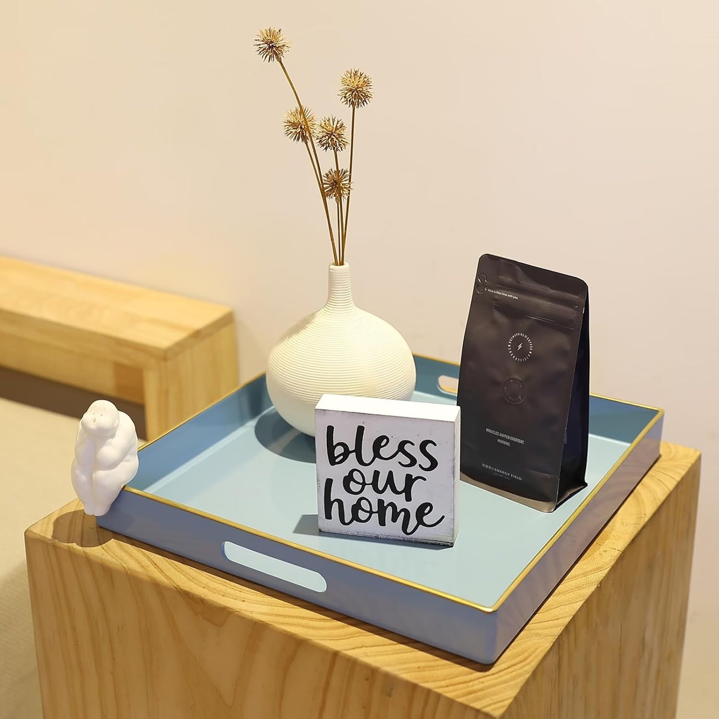 Spsyrine Light Blue Decorative Tray for Living Room, Square Modern Plastic Coffee Serving Table Tray for Ottoman Bathroom Kitchen, 13"*13".