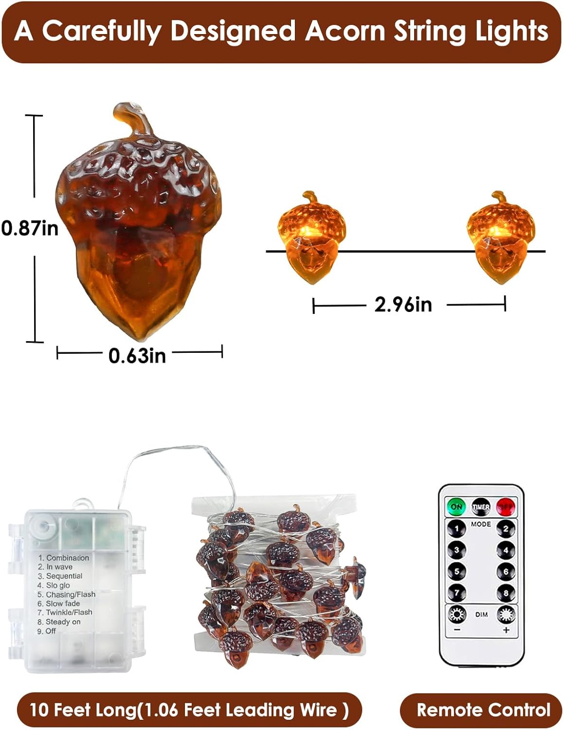 Fall Decorations Acorn Fairy Lights Battery Operated with Remote & 8 Modes & Timer, 10ft 30LED Acorn Fall Lights String Harvest Decoration Outdoor Indoor Light for Garland Halloween Thanksgiving Decor